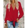 imageLYANER Womens Casual V Neck Long Sleeve Tie Front Knot Button Down Shirt Blouse TopRed