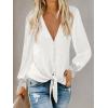 imageLYANER Womens Casual V Neck Long Sleeve Tie Front Knot Button Down Shirt Blouse TopSolid White