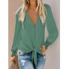 imageLYANER Womens Casual V Neck Long Sleeve Tie Front Knot Button Down Shirt Blouse TopTurquoise