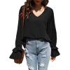 imageLYANER Womens Casual V Neck Tiered Ruffle Bell Long Sleeve Blouse Shirt Tunic TopBlack