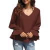 imageLYANER Womens Casual V Neck Tiered Ruffle Bell Long Sleeve Blouse Shirt Tunic TopBrown