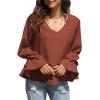 imageLYANER Womens Casual V Neck Tiered Ruffle Bell Long Sleeve Blouse Shirt Tunic TopBurn Orange