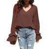 imageLYANER Womens Casual V Neck Tiered Ruffle Bell Long Sleeve Blouse Shirt Tunic TopDark Brown