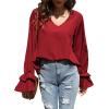 imageLYANER Womens Casual V Neck Tiered Ruffle Bell Long Sleeve Blouse Shirt Tunic TopRed