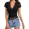 imageLYANER Womens Elegant V Neck Ribbed Knit Contrast Lace Trim Short Sleeve Tee Blouse TopsBlack