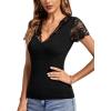 imageLYANER Womens Elegant V Neck Ribbed Knit Contrast Lace Trim Short Sleeve Tee Blouse TopsBlack