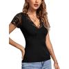 imageLYANER Womens Elegant V Neck Ribbed Knit Contrast Lace Trim Short Sleeve Tee Blouse TopsBlack