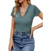 imageLYANER Womens Elegant V Neck Ribbed Knit Contrast Lace Trim Short Sleeve Tee Blouse TopsDark Green