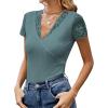 imageLYANER Womens Elegant V Neck Ribbed Knit Contrast Lace Trim Short Sleeve Tee Blouse TopsDark Green