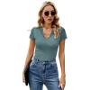 imageLYANER Womens Elegant V Neck Ribbed Knit Contrast Lace Trim Short Sleeve Tee Blouse TopsDark Green