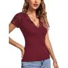 imageLYANER Womens Elegant V Neck Ribbed Knit Contrast Lace Trim Short Sleeve Tee Blouse TopsWine Red
