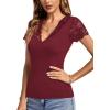 imageLYANER Womens Elegant V Neck Ribbed Knit Contrast Lace Trim Short Sleeve Tee Blouse TopsWine Red