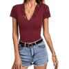 imageLYANER Womens Elegant V Neck Ribbed Knit Contrast Lace Trim Short Sleeve Tee Blouse TopsWine Red