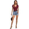 imageLYANER Womens Elegant V Neck Ribbed Knit Contrast Lace Trim Short Sleeve Tee Blouse TopsWine Red