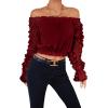 imageLYANER Womens Off Shoulder Floral Mesh Long Sleeve Ruffle Trim Crop Blouse TopBurgundy