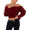 imageLYANER Womens Off Shoulder Floral Mesh Long Sleeve Ruffle Trim Crop Blouse TopBurgundy