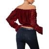 imageLYANER Womens Off Shoulder Floral Mesh Long Sleeve Ruffle Trim Crop Blouse TopBurgundy