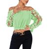 imageLYANER Womens Off Shoulder Floral Mesh Long Sleeve Ruffle Trim Crop Blouse TopLight Green