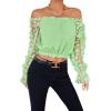 imageLYANER Womens Off Shoulder Floral Mesh Long Sleeve Ruffle Trim Crop Blouse TopLight Green