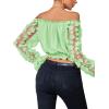 imageLYANER Womens Off Shoulder Floral Mesh Long Sleeve Ruffle Trim Crop Blouse TopLight Green