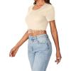 imageLYANER Womens Round Neck Short Sleeve Tassel Trim Hem Rib Crop Top BlouseBeige