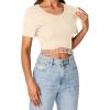 imageLYANER Womens Round Neck Short Sleeve Tassel Trim Hem Rib Crop Top BlouseBeige