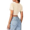 imageLYANER Womens Round Neck Short Sleeve Tassel Trim Hem Rib Crop Top BlouseBeige