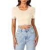 imageLYANER Womens Round Neck Short Sleeve Tassel Trim Hem Rib Crop Top BlouseBeige