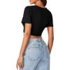 imageLYANER Womens Round Neck Short Sleeve Tassel Trim Hem Rib Crop Top BlouseBlack