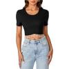imageLYANER Womens Round Neck Short Sleeve Tassel Trim Hem Rib Crop Top BlouseBlack