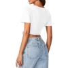 imageLYANER Womens Round Neck Short Sleeve Tassel Trim Hem Rib Crop Top BlouseWhite