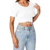 imageLYANER Womens Round Neck Short Sleeve Tassel Trim Hem Rib Crop Top BlouseWhite