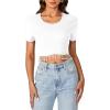 imageLYANER Womens Round Neck Short Sleeve Tassel Trim Hem Rib Crop Top BlouseWhite