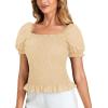 imageLYANER Womens Ruffle Peplum Smock Gingham Crop Top Square Neck Puff Short Sleeve Blouse ShirtBeige