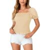 imageLYANER Womens Ruffle Peplum Smock Gingham Crop Top Square Neck Puff Short Sleeve Blouse ShirtBeige