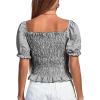 imageLYANER Womens Ruffle Peplum Smock Gingham Crop Top Square Neck Puff Short Sleeve Blouse ShirtBlack