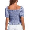 imageLYANER Womens Ruffle Peplum Smock Gingham Crop Top Square Neck Puff Short Sleeve Blouse ShirtBlue