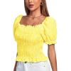 imageLYANER Womens Ruffle Peplum Smock Gingham Crop Top Square Neck Puff Short Sleeve Blouse ShirtBright Yellow