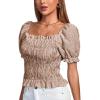imageLYANER Womens Ruffle Peplum Smock Gingham Crop Top Square Neck Puff Short Sleeve Blouse ShirtKhaki
