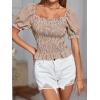 imageLYANER Womens Ruffle Peplum Smock Gingham Crop Top Square Neck Puff Short Sleeve Blouse ShirtKhaki