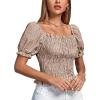 imageLYANER Womens Ruffle Peplum Smock Gingham Crop Top Square Neck Puff Short Sleeve Blouse ShirtKhaki