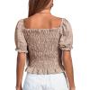 imageLYANER Womens Ruffle Peplum Smock Gingham Crop Top Square Neck Puff Short Sleeve Blouse ShirtKhaki