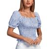 imageLYANER Womens Ruffle Peplum Smock Gingham Crop Top Square Neck Puff Short Sleeve Blouse ShirtLight Blue