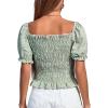 imageLYANER Womens Ruffle Peplum Smock Gingham Crop Top Square Neck Puff Short Sleeve Blouse ShirtLight Green