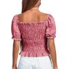 imageLYANER Womens Ruffle Peplum Smock Gingham Crop Top Square Neck Puff Short Sleeve Blouse ShirtRed