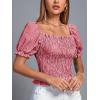 imageLYANER Womens Ruffle Peplum Smock Gingham Crop Top Square Neck Puff Short Sleeve Blouse ShirtRed