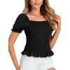 imageLYANER Womens Ruffle Peplum Smock Gingham Crop Top Square Neck Puff Short Sleeve Blouse ShirtSolid Black