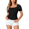imageLYANER Womens Ruffle Peplum Smock Gingham Crop Top Square Neck Puff Short Sleeve Blouse ShirtSolid Black
