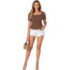 imageLYANER Womens Ruffle Peplum Smock Gingham Crop Top Square Neck Puff Short Sleeve Blouse ShirtSolid Brown