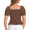 imageLYANER Womens Ruffle Peplum Smock Gingham Crop Top Square Neck Puff Short Sleeve Blouse ShirtSolid Brown